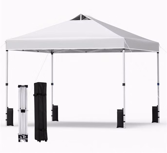 KOMFOTTEU, padiglione da giardino 3x3 metri, con sistema a un pulsante, tetto rivestito in argento, struttura resistente, sacchi di sabbia, picchetti e corde, tenda portatile per picnic e feste (bianco)