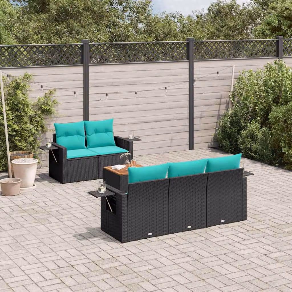 Set da giardino vidaXL in polyrattan nero composto da 6 pezzi con divani a 3 posti, elementi angolari, tavolino da esterno e cuscini blu con coperture rimovibili