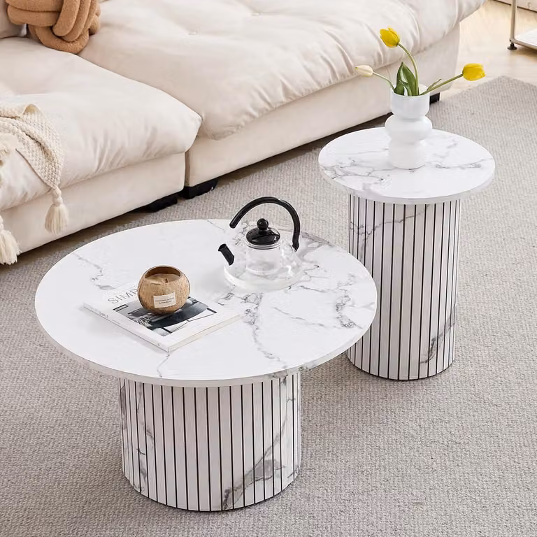 Set di 2 tavolini rotondi in legno – Set di tavolini – Design scandinavo – Moderno – Ideali per soggiorno e camera da letto – Bianco