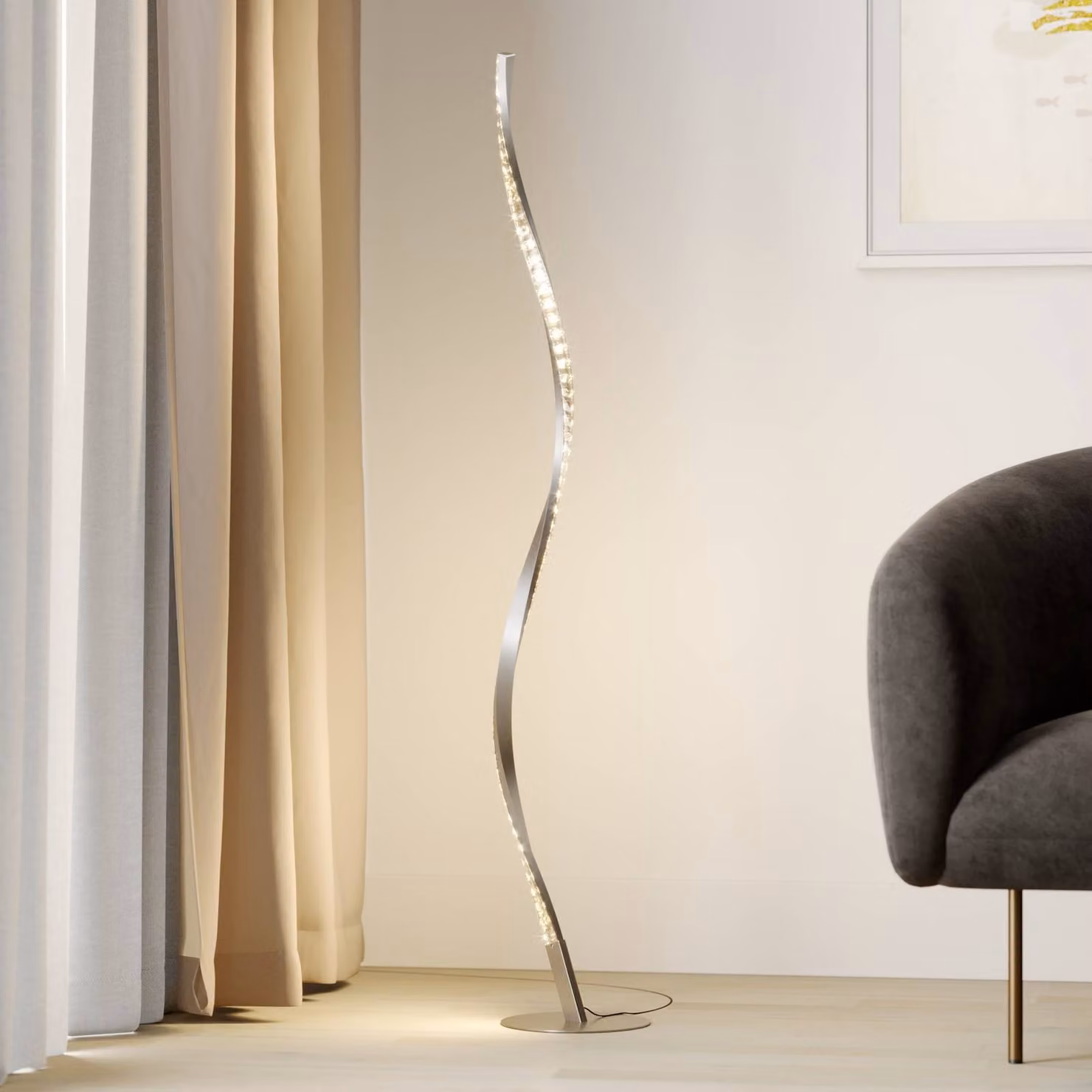 Lampada da terra a LED Criostal Lindby, dimmerabile, Alluminio / Grigio / Zincato, Soggiorno / Sala da pranzo, Alluminio, Moderno, Lampada LED da terra