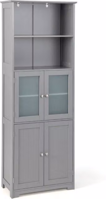 Armadio moderno con ante in vetro e scomparti aperti, organizzatore da pavimento con ripiani interni, Grigio, L: 163 cm – 1