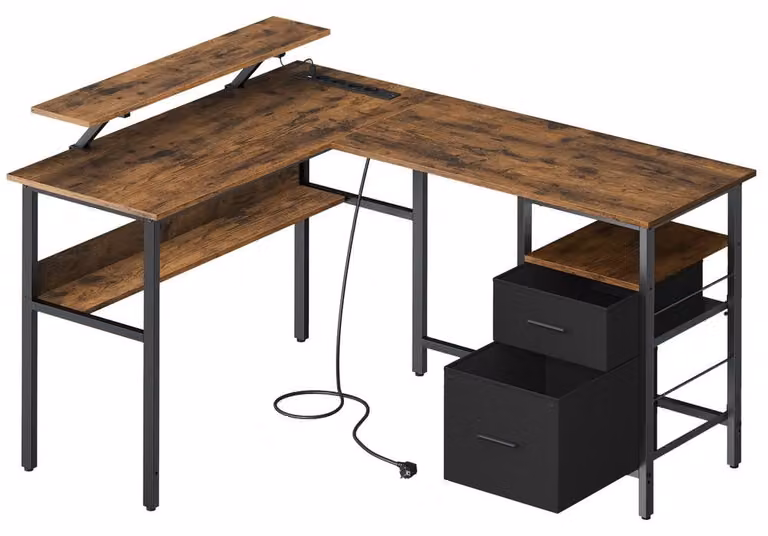 Scrivania angolare a forma di L con presa di corrente integrata e supporto per monitor | Marrone | 150x120x76 cm