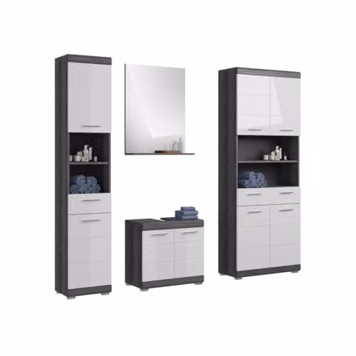 Scott - Set da bagno – Mobile sottolavello, colonna, specchio e mobile lavatrice: grigio scuro e bianco