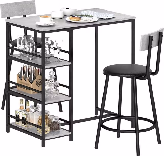 Set da Pranzo Moderno Giordanoshop con Bancone Bar con Ripiani e 2 Sedie Alte Grigio e Nero