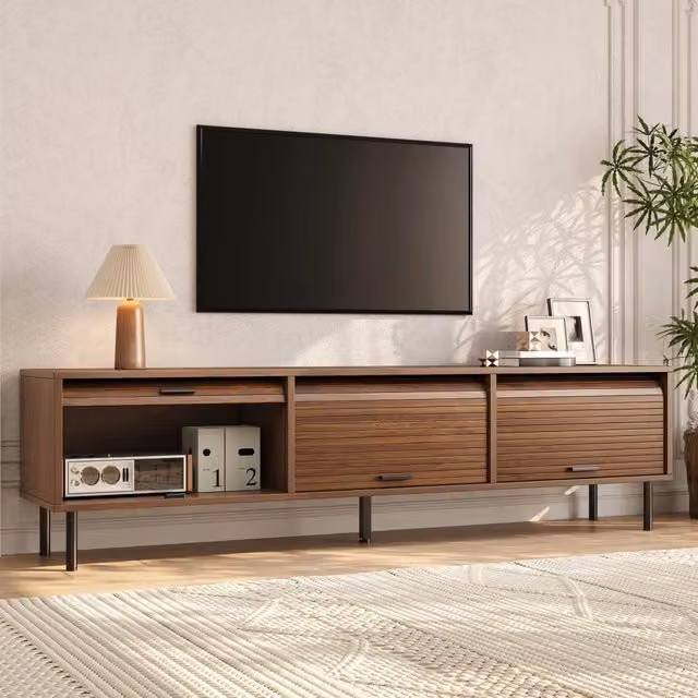 Mobile TV moderno WISHDOR in noce con 3 ante scorrevoli, struttura in MDF e legno, L: 180 cm, P: 40 cm, H: 55 cm