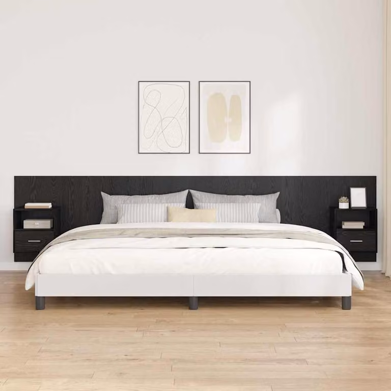 Set di 3 pezzi Testata con Comodini e Mensole vidaXL in Legno Ingegnerizzato e Metallo, Colore Nero, Stile Moderno