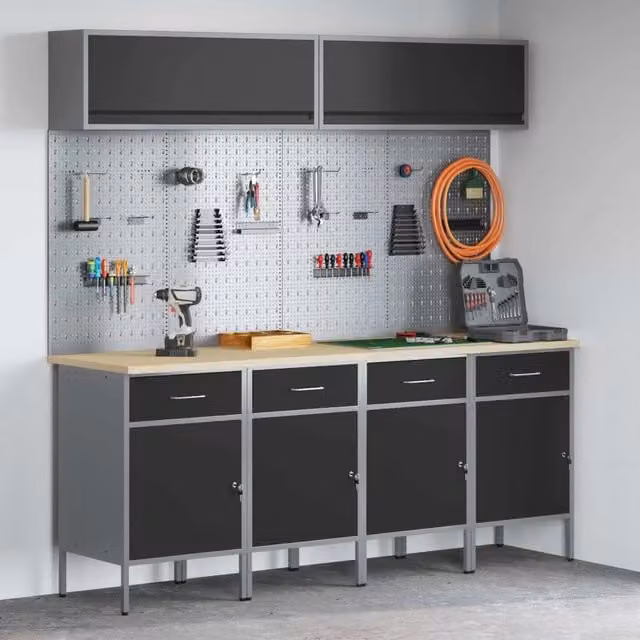 Set di mobili da lavoro vidaXL in acciaio e legno con cassetto con blocco, 10 pezzi, Nero