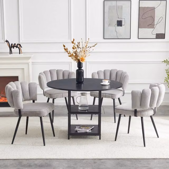 Set tavolo e sedie con 4 sedie da sala da pranzo, doppio ripiano, in MDF e metallo nero con tessuto grigio