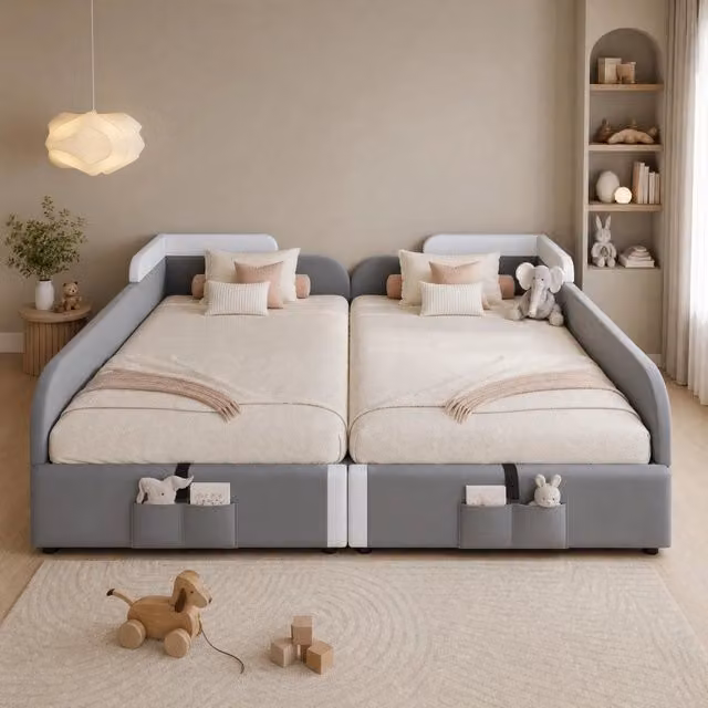 Letto per bambini imbottito con contenitore idraulico per due materassi 90 × 200 cm in velluto con sponde morbide