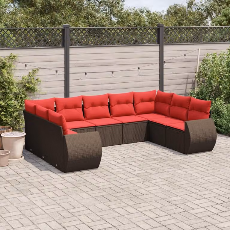 Maison Exclusive - Set divano da giardino 9 pezzi con cuscini, marrone, polyrattan