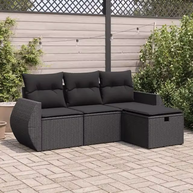 Set Divani da Giardino 4 pz con Cuscini Nero in Polyrattan 3325551