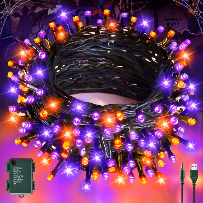 Catena luminosa a tema Halloween, 6 metri, 60 LED, arancione e viola, con timer, grado di protezione IP65
