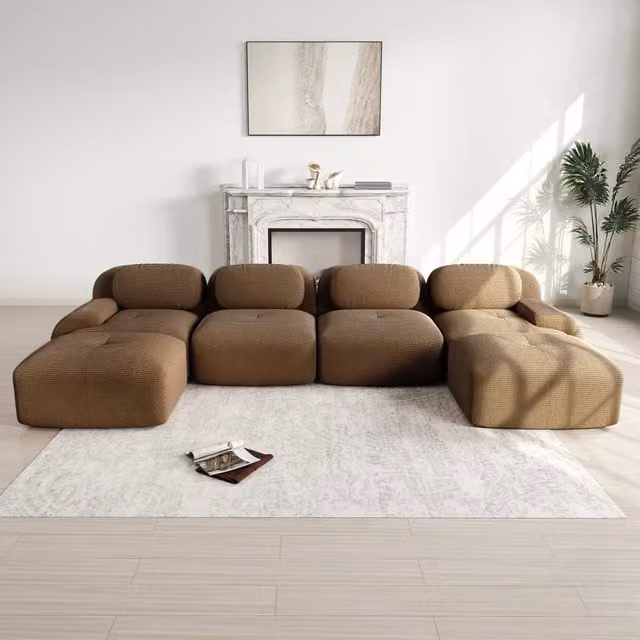 Divano Modulare a U Minimal da 5 Posti Marrone in Tessuto Cordato con Braccioli Larghi