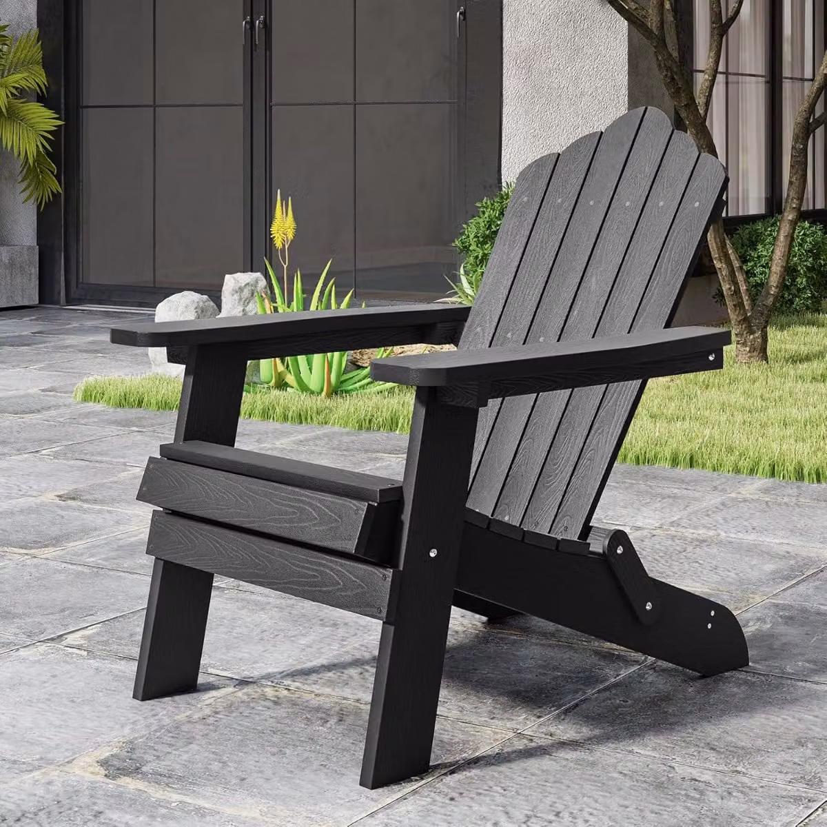 Sedia Adirondack pieghevole Costway in acciaio inossidabile e materiale sintetico resistente alle intemperie con braccioli larghi, colore nero