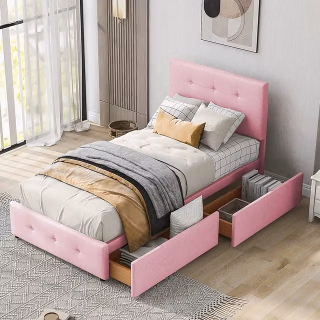 Letto singolo Mivray con cassetto, imbottito in velluto rosa con struttura in metallo, L/P/H: 90 x 200 cm
