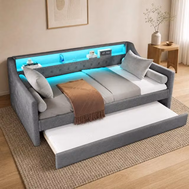 Daybett con rete a doghe 90x200 cm, divano letto grigio in lino con luci LED e porta USB