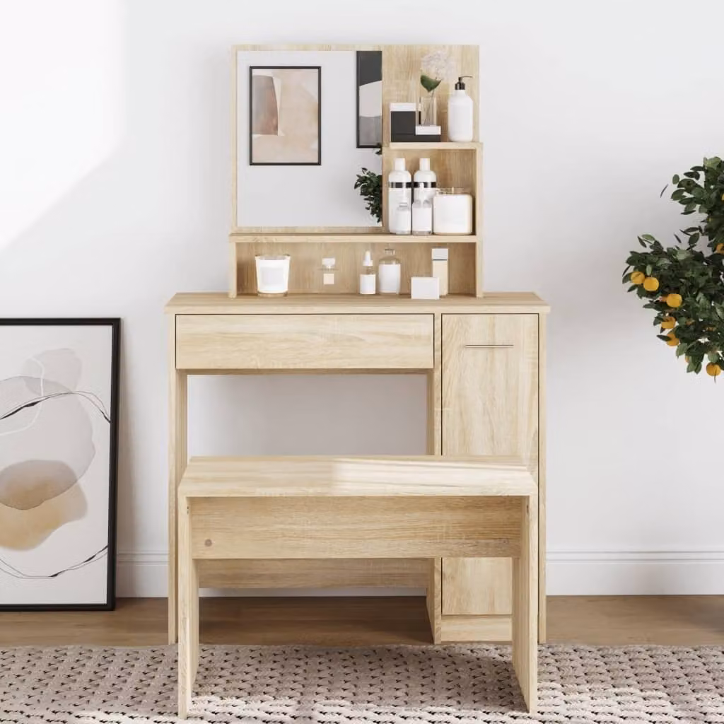 The Living Store Comodino con specchio rovere Sonoma 86,5x35x136 cm