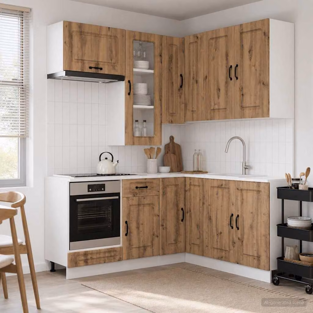 Set Unità Cucina Moderna vidaXL KALMAR 8 Pezzi in Rovere con Ante in Vetro e Ripiani Aperti, Colore Marrone