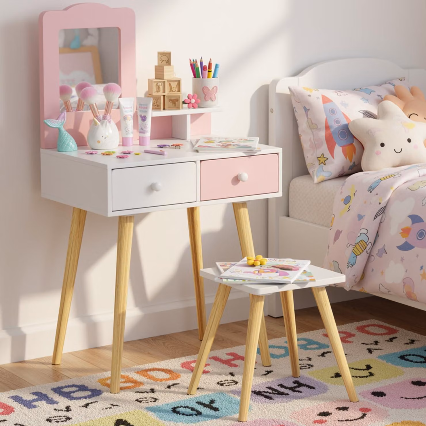 Clevich, set 2-in-1 per tavolino da trucco per bambini, tavolino da parrucco da principessa con specchio