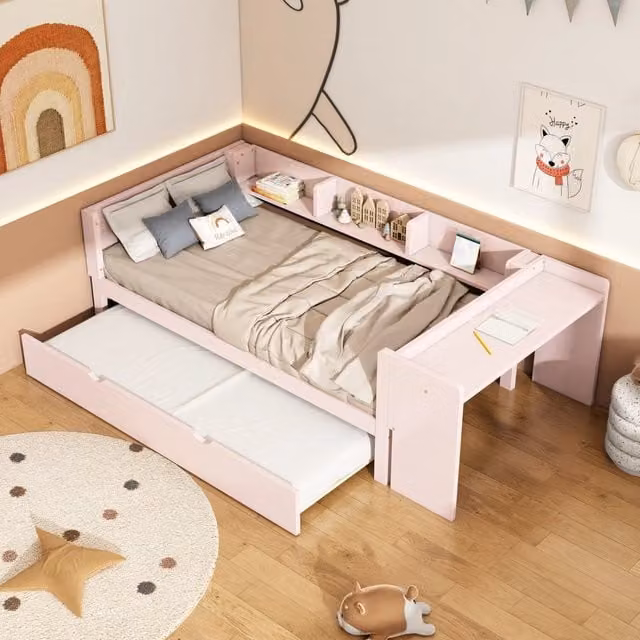 Letto per bambini 90 × 200 cm 2 posti con secondo letto estraibile, scrivania e 3 mensole, senza materasso, rosa