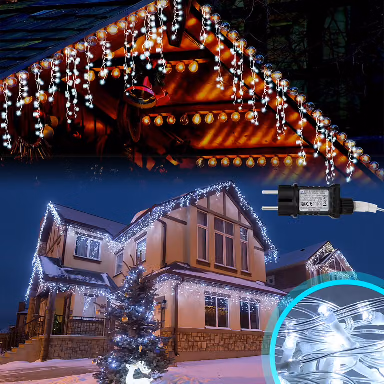 Ikodm, 400 LED, catena luminosa a forma di cristallo di ghiaccio, 10 metri, luce bianca fredda, 8 effetti luminosi con funzione di memorizzazione, decorazioni natalizie per finestre e feste