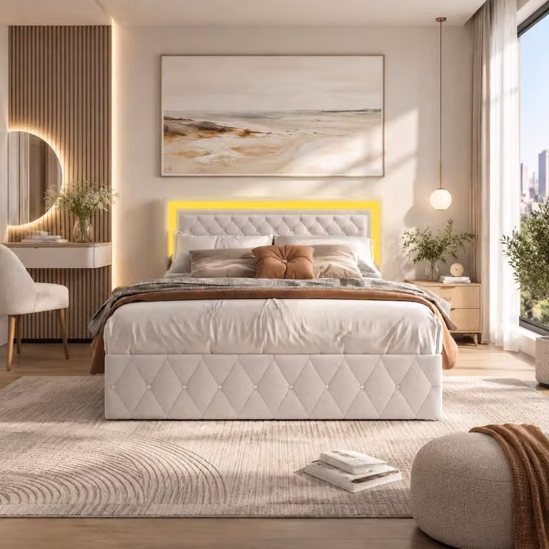 Letto idraulico imbottito INONEFT, 140x200 cm, con illuminazione a LED, letto per ragazzi con poggiatesta regolabile in altezza, struttura del letto con rete a doghe, tessuto velluto color beige