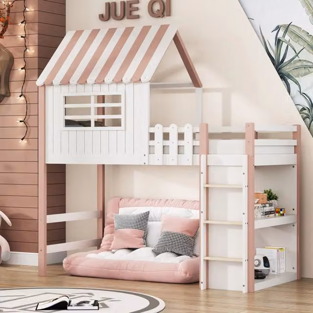 Letto a casetta per bambini REDOM in legno massello di pino rosa L/P: 200 x 90 cm