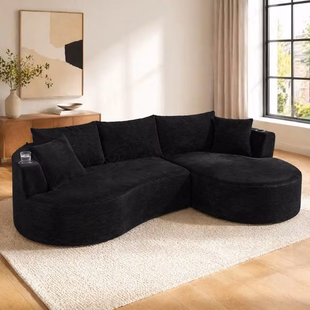 Divano a 3 posti dal design curvo in tessuto effetto corda; con porta bicchieri; nero