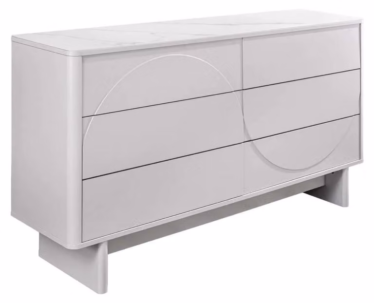 Credenza MIYA 150 cm, bianca, con 6 cassetti e piano in Vetroceramica effetto marmo