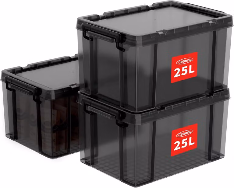 Contenitori con coperchio, impilabili, capacità 25 litri, trasparenti neri, in plastica, per l'archiviazione