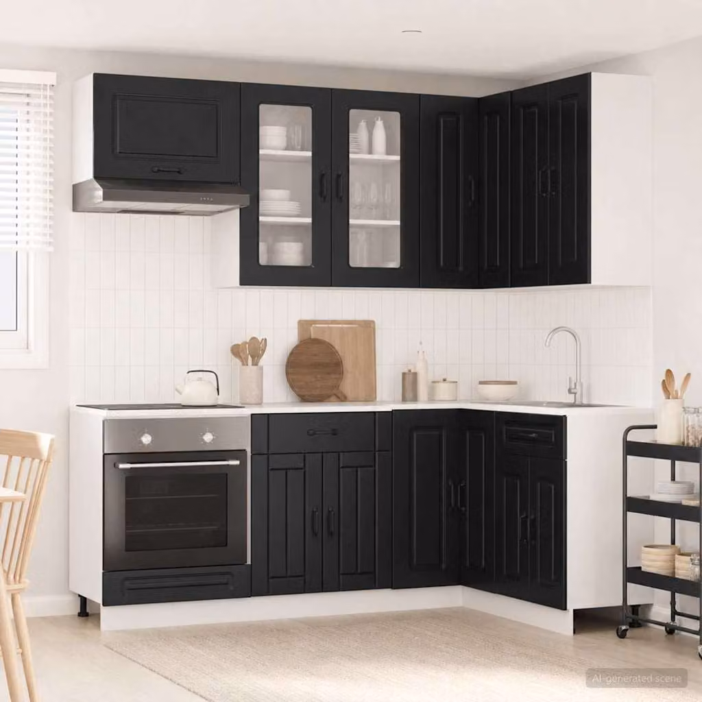 vidaXL Unità Cucina KALMAR 8 Pezzi Nero con Ante in Vetro e MDF