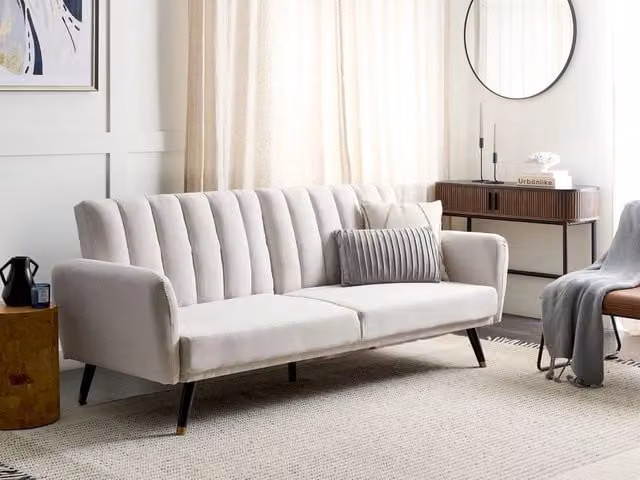 Divano letto click-clack Beliani a 3 posti in tessuto beige con struttura in legno e poggiatesta regolabile per soggiorno e camera da letto L: 212 cm, P: 90 cm, H: 80 cm – 1