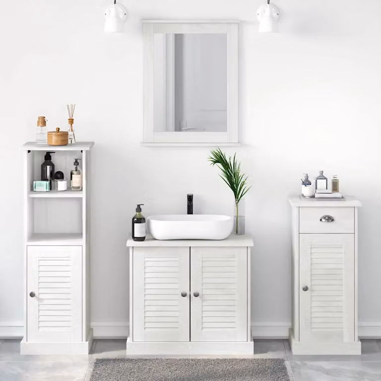 Set di mobili per il bagno moderno vidaXL in pino massello bianco con mobile lavabo e ante a cerniera L/P/H: 110 x 68 x 35,6 cm