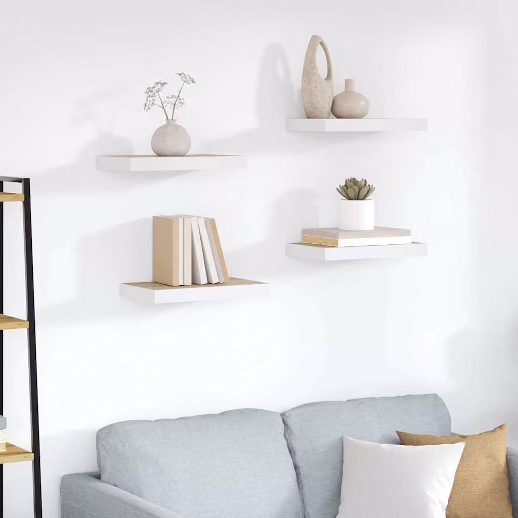 Set di 4 scaffali a parete vidaXL in MDF e metallo, colore rovere e bianco, L 50 x P 23,5 x H 3,8 cm