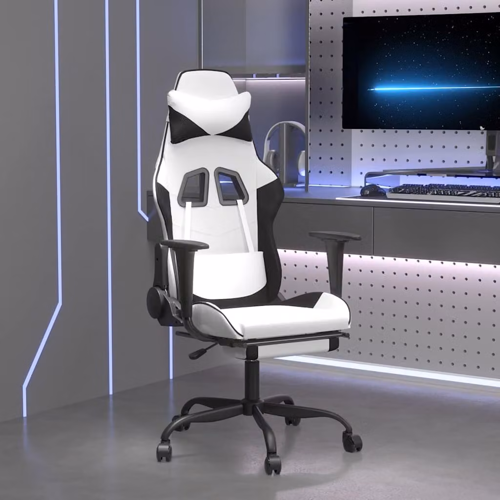 Sedia da Gaming vidaXL con Massaggio e Poggiapiedi, Rivestimento in Similpelle Bianco e Nero