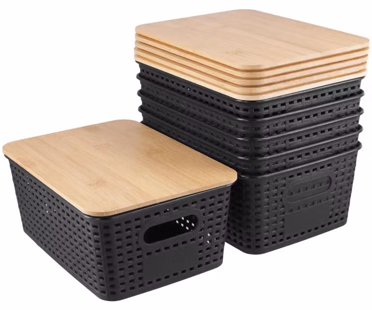 Set di 6 contenitori impilabili con coperchio in bambù, design in rattan nero