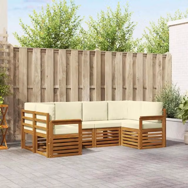 Set di divani da esterno a L vidaXL in legno di acacia con cuscini, beige e bianco – 1