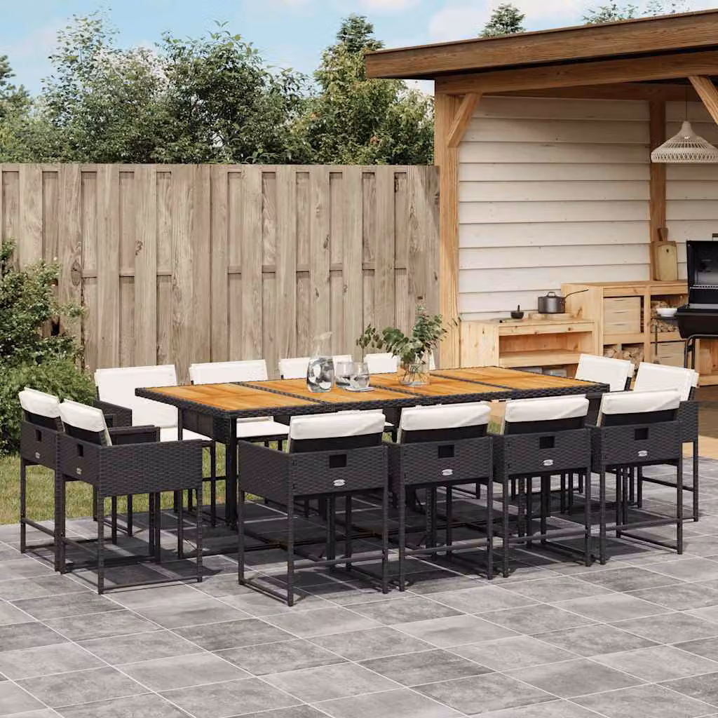 vidaXL Set da Pranzo da Giardino 13pz in Polyrattan e Legno di Acacia con Cuscini Nero e Bianco – 1