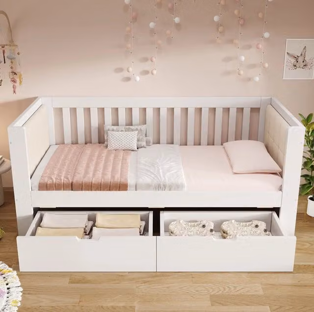 Letto singolo MODFU in legno di pino bianco con 2 cassetti, L/P/H: 90 x 190 cm