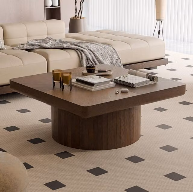 Tavolino da caffè quadrato in legno massello e MDF con piano parquet; noce