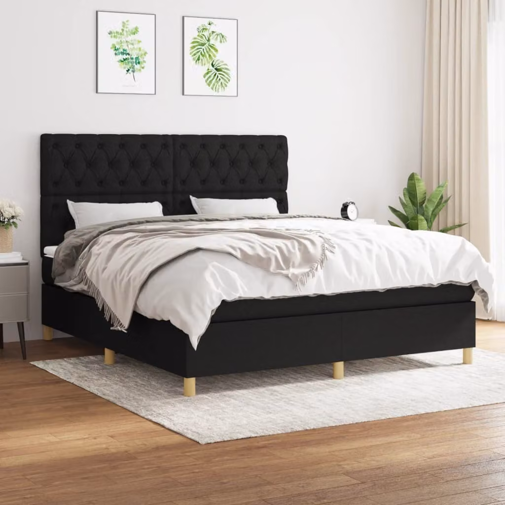 The Living Store Letto a molle con materasso nero 160x200 cm in tessuto