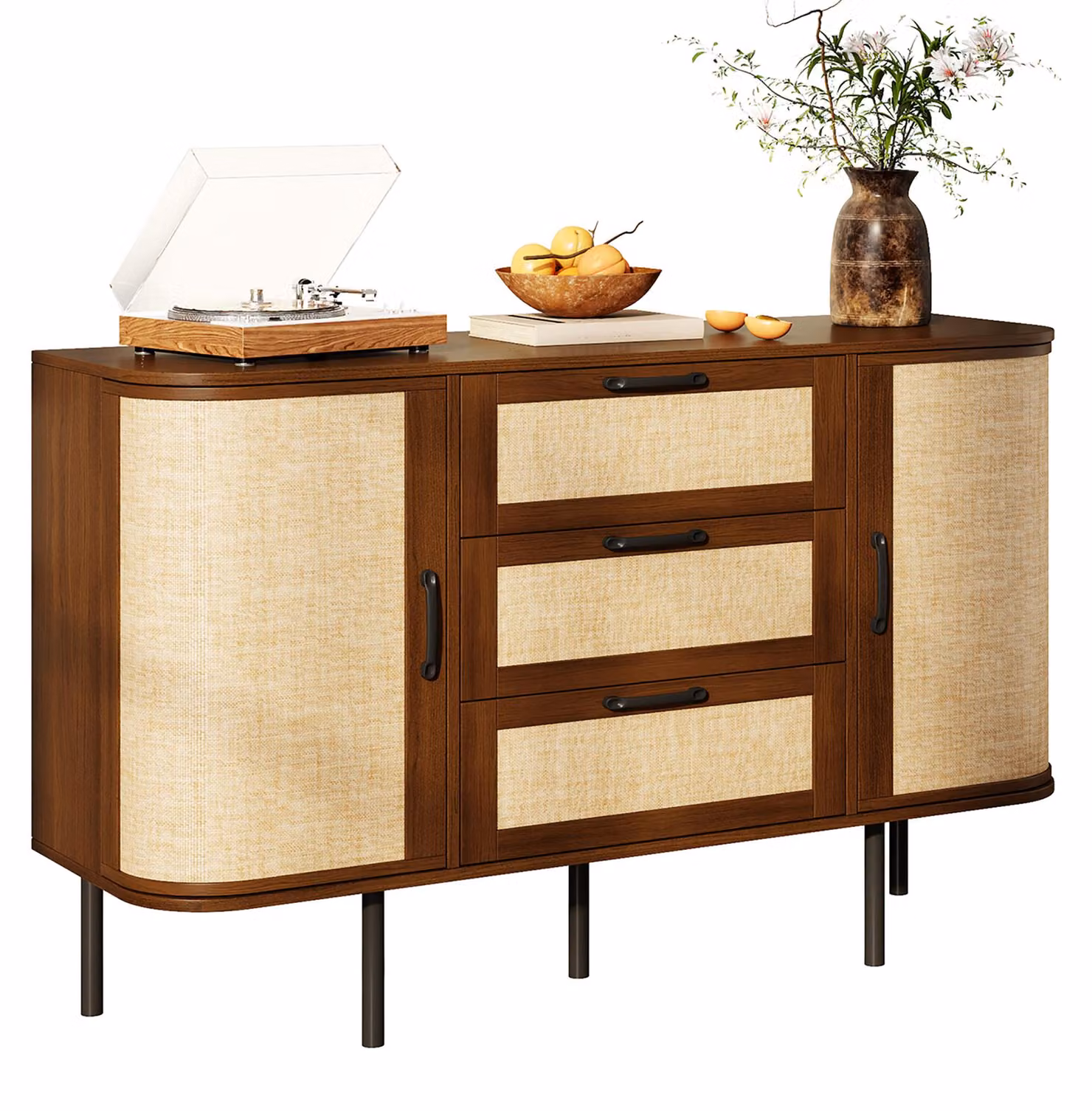 Mobile contenitore Moonbite, larghezza 120 cm, con 2 ante e 3 cassetti, angoli arrotondati, frontale in rattan, pannello MDF, finitura noce