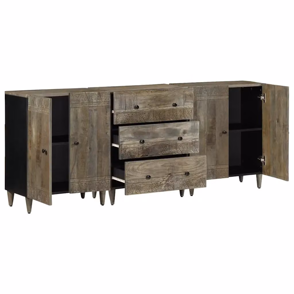 Set di 3 credenze vidaXL in legno di mango e MDF grigio chiaro, L 60 cm x P 33,5 cm x H 75 cm – 2