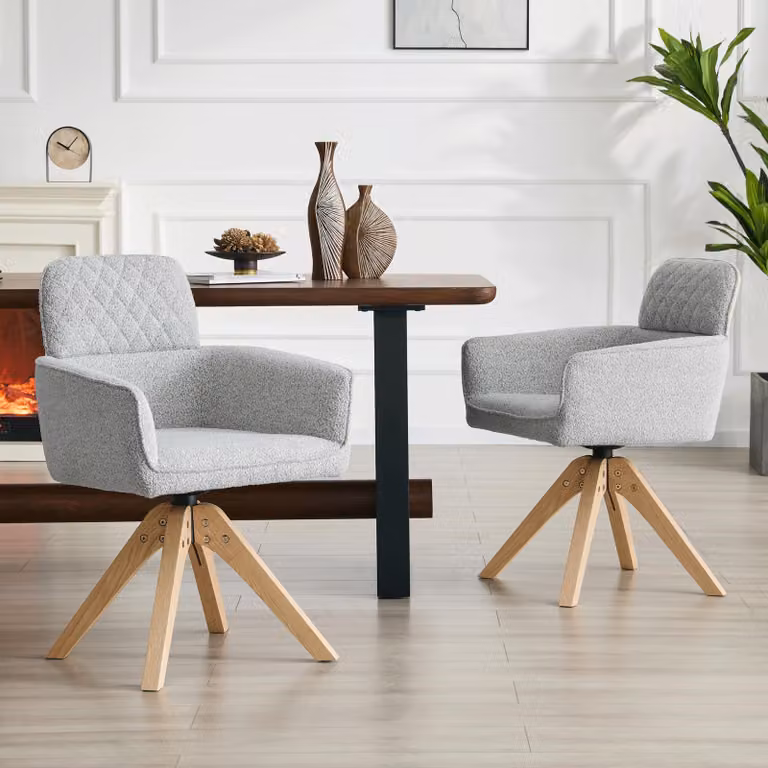 Set di due poltrone girevoli, stile Wabi-Sabi, rivestite in tessuto a motivi geometrici, con gambe in legno massello, girevoli a 360° (grigio chiaro, legno)