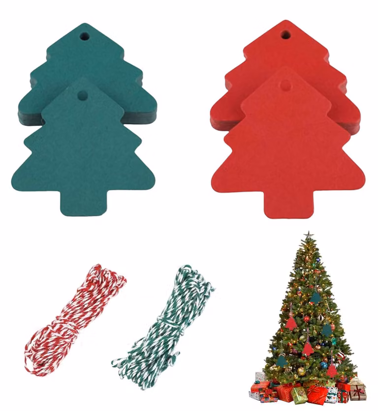Decorazioni natalizie, 120 pezzi, in carta kraft, con motivo alberi, colore rosso/verde, con nastro