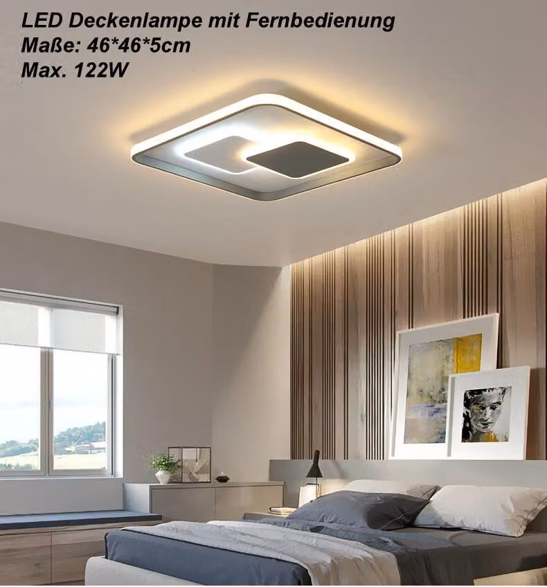 Lampada da soffitto LED Eurotondisplay, modello 9641-FX, dimensioni 46x46 cm, potenza massima 122W, con telecomando. Colore e intensità della luce regolabili, dimmerabile. Schermo in acrilico, colore bianco/nero. Struttura in metallo. Classe energetica A+
