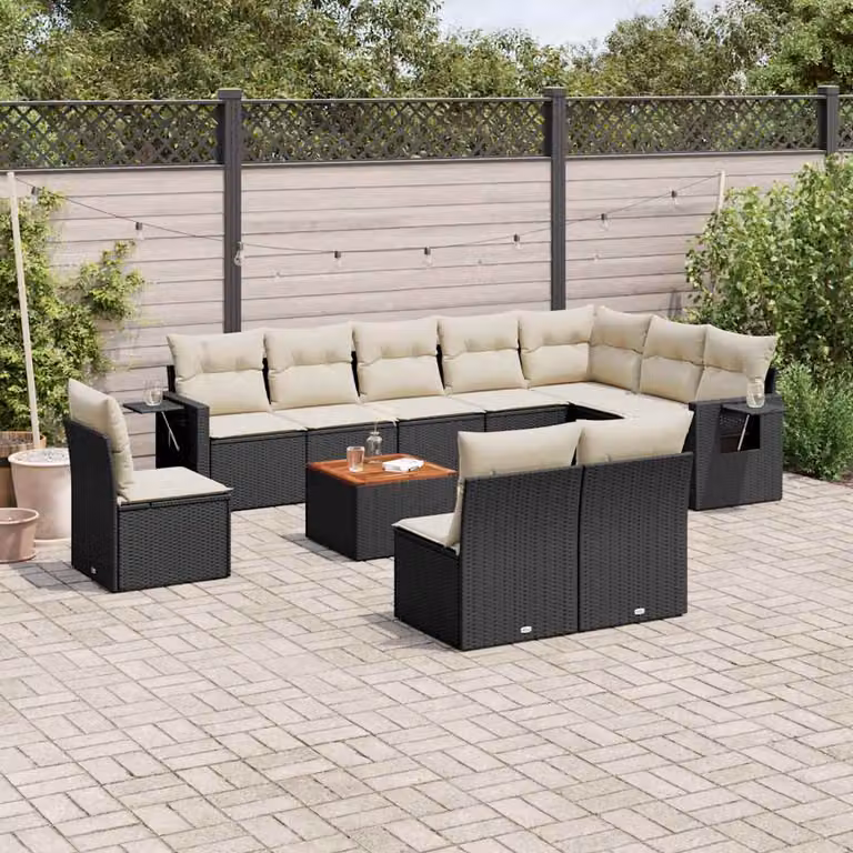 vidaXL Set Divani da Giardino a L 11 pz in Polyrattan Nero con Cuscini e Tavolino