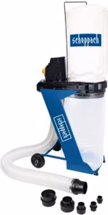 Aspiratore da officina Scheppach DC500, serbatoio da 75 l, 550 W, potenza di aspirazione 1150 m³/h, con 6 adattatori