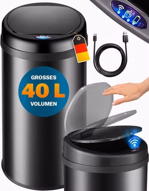 Cestino con sensore MONZANA in acciaio inox e plastica, colore nero, capacità 40 litri