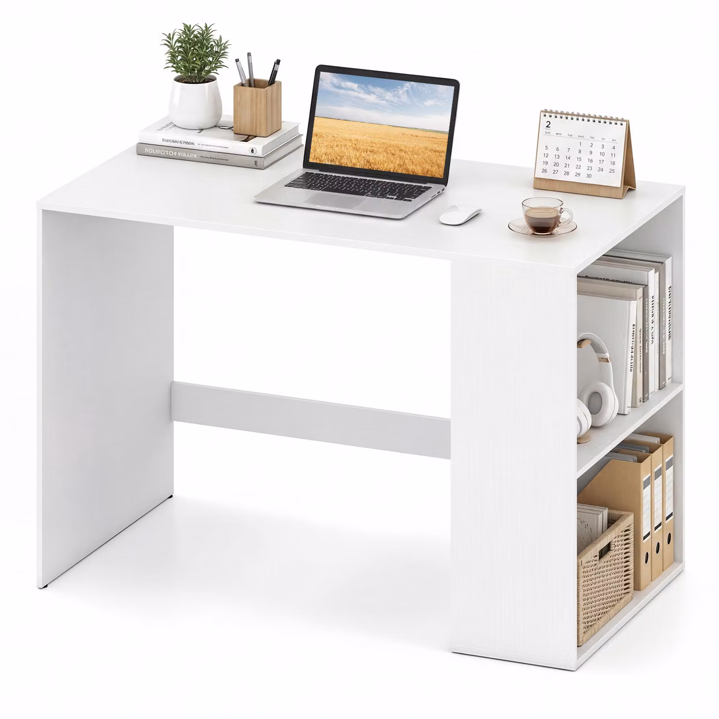 Scrivania da ufficio e computer Costway con libreria laterale a 2 ripiani, design moderno salvaspazio per studio o soggiorno, Bianco